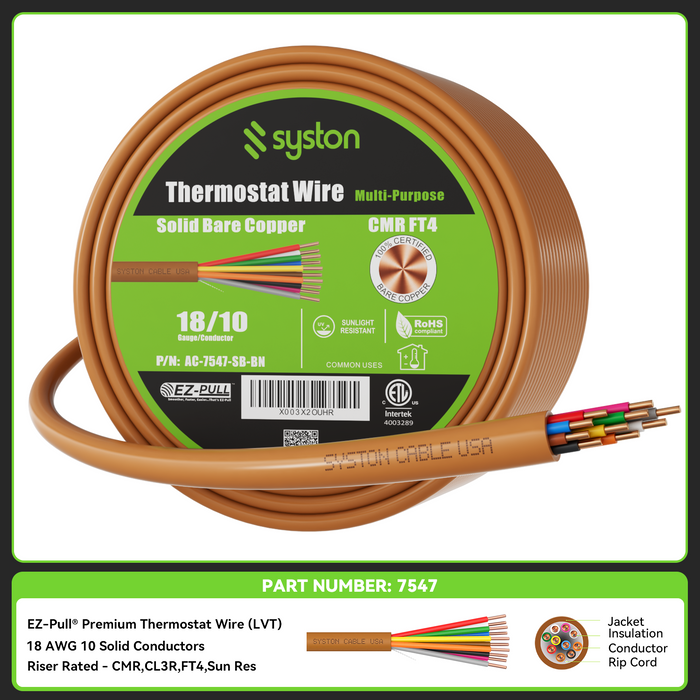 18/10 Thermostat Wire, Solid Copper, Brown, CL3R, Sun Res, Indoor/Outdoor