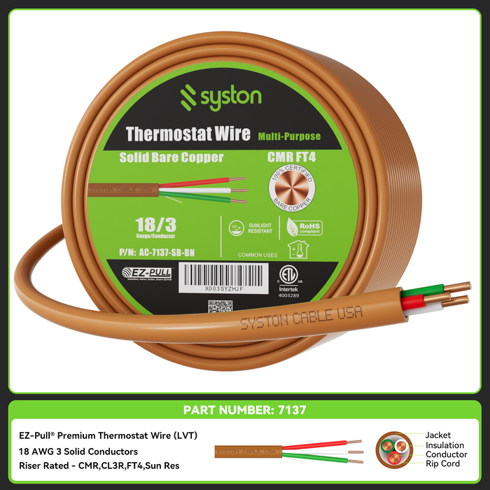 18/3 Thermostat Wire, Solid Copper, Brown, CL3R, Sun Res, Indoor/Outdoor