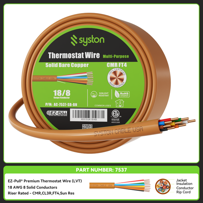 18/8 Thermostat Wire, Solid Copper, Brown, CL3R, Sun Res, Indoor/Outdoor
