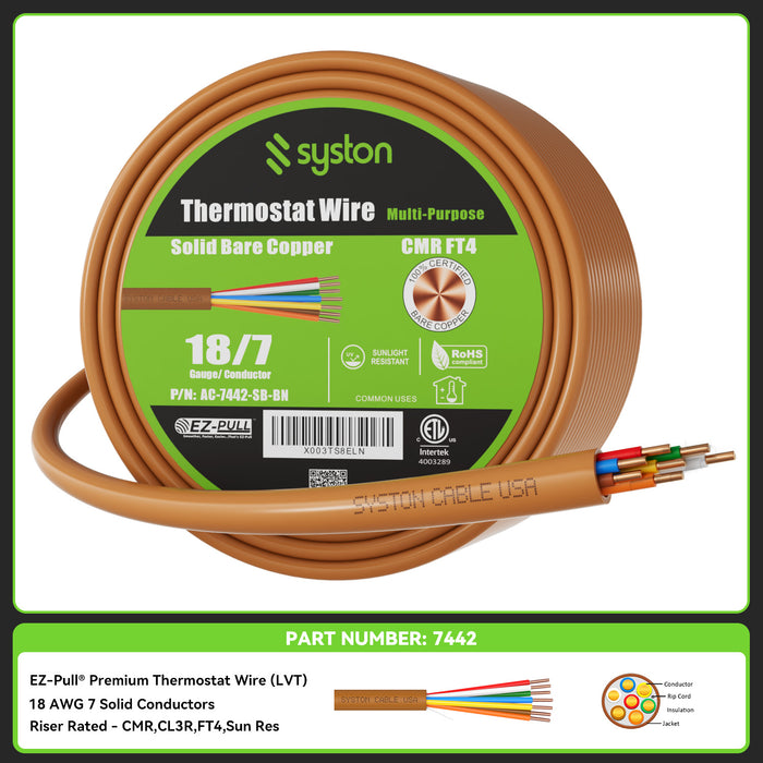 18/7 Thermostat Wire,HVAC, Control Cable,Solid Copper, Brown, CL3R, Sun Res, Indoor/Outdoor