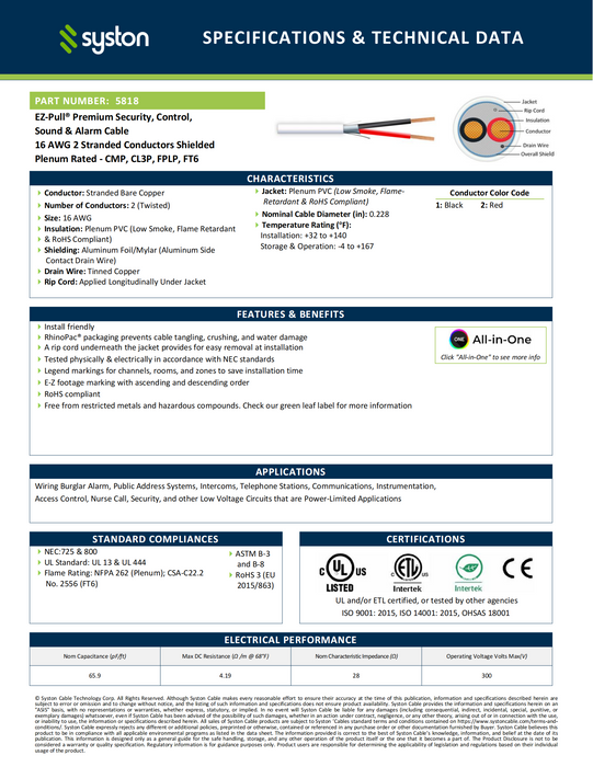 16/2  Security Wire,Burglar Alarm Cable,CL3P,Shielded,Stranded Copper,UV Res