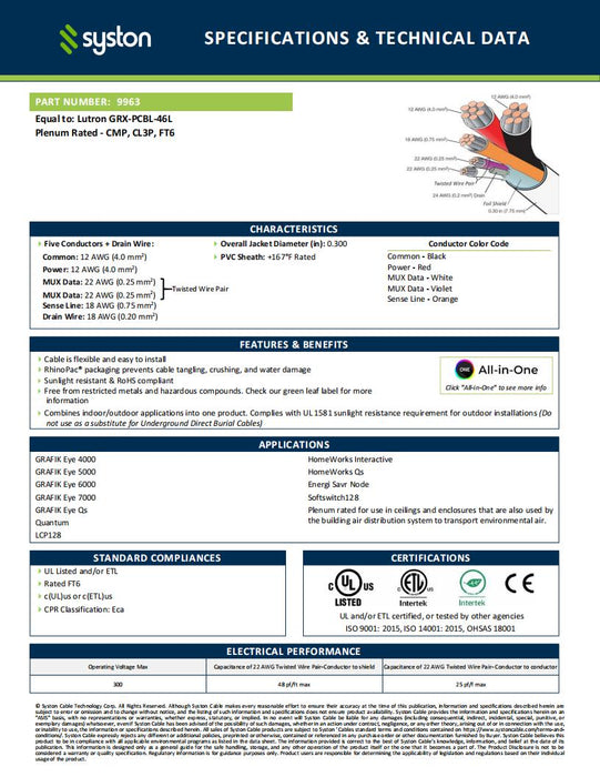 Lutron Control Cable Equivalent GRX-PCBL-46L, 12/2C + 18/1C + 22/1PR, CL3P, QS