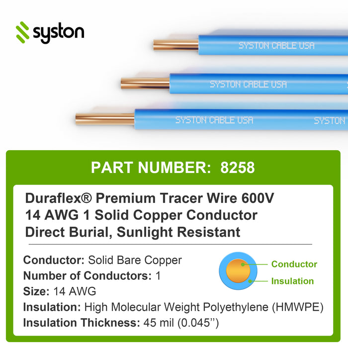 14 AWG Tracer Wire,Direct Burial, Solid Bare Copper, Underground,Blue