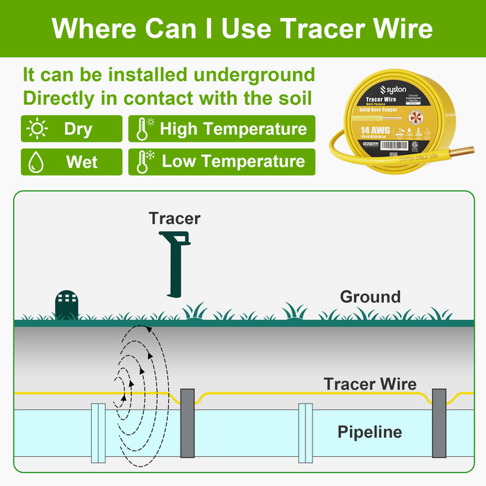 14 AWG Tracer Wire,Direct Burial, Solid Bare Copper, Underground,Yellow