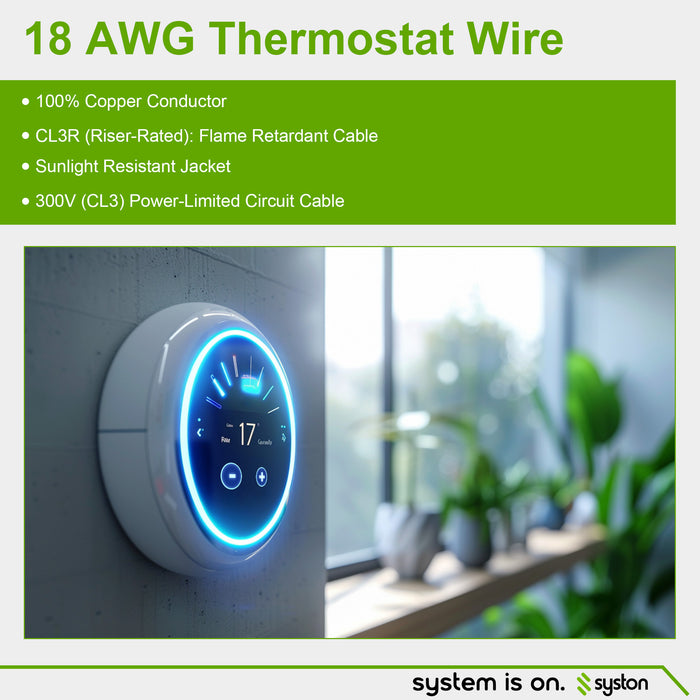 18/8 Thermostat Wire, Solid Copper, White, CL3R, Sun Res, Indoor/Outdoor