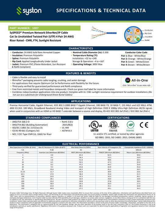 CAT 5E Ethernet Bulk Cable, 350MHz, 24/4pr Solid CU, CMR, Indoor/Outdoor