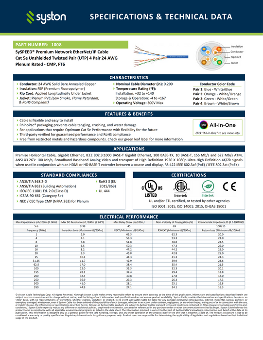 CAT 5E Ethernet Bulk Cable, 350MHz, 24/4pr Solid CU, CMP, Indoor/Outdoor