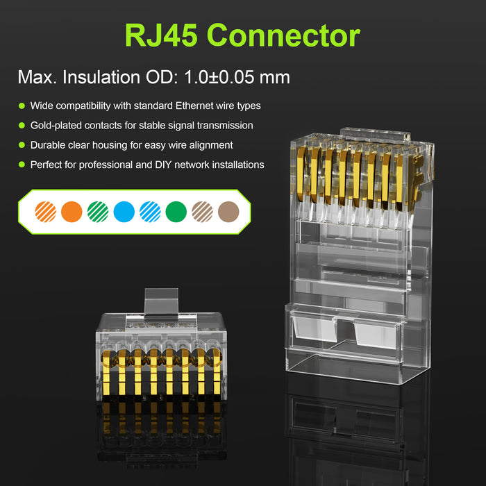 Cat 6 RJ45 Connectors, Front-Entry Design, RJ45 Modular Plugs, 1.00 mm Hole Diameter, UTP