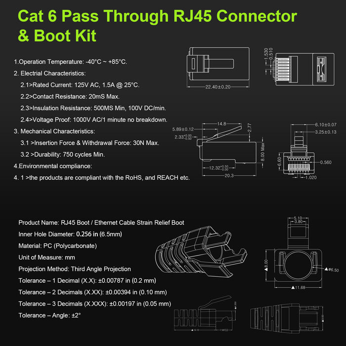 Cat6A/Cat6/Cat5e PVC RJ45 Strain Relief Boots, 6.5 mm Hole Diameter, Clear