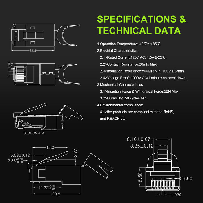 Cat6A Nickel-Plated RJ45 Connectors with Strain Relief Boots, RJ45 Modular Plugs, 1.10 mm Hole Diameter