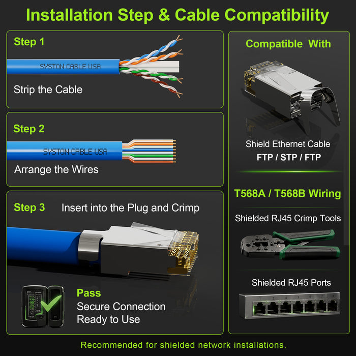 Cat6A Nickel-Plated RJ45 Connectors with Strain Relief Boots, RJ45 Modular Plugs, 1.10 mm Hole Diameter
