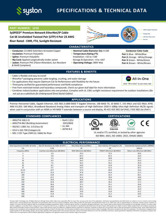 CAT 6E Ethernet Bulk Cable, 600MHz, 23/4pr Solid CU, CMR, Indoor/Outdoor