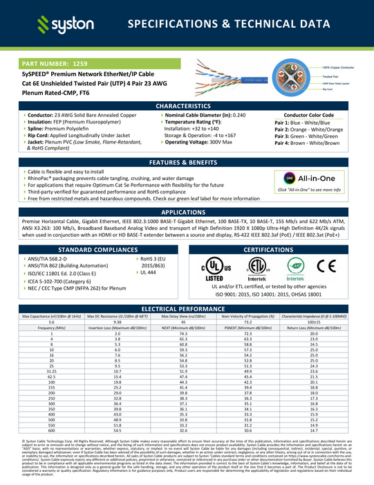 CAT 6E Ethernet Bulk Cable, 600MHz, 23/4pr Solid CU, CMP, Indoor/Outdoor