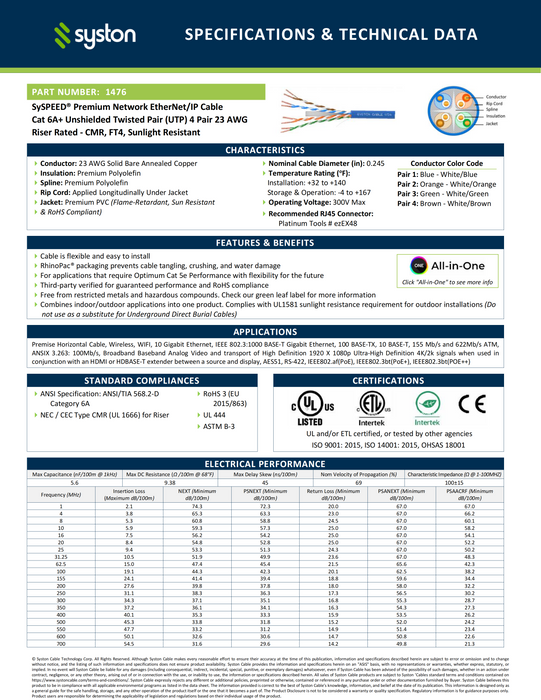 Cat 6A+ Ethernet Bulk Cable, 700MHz, 23/4pr Solid CU, CMR, Indoor/Outdoor