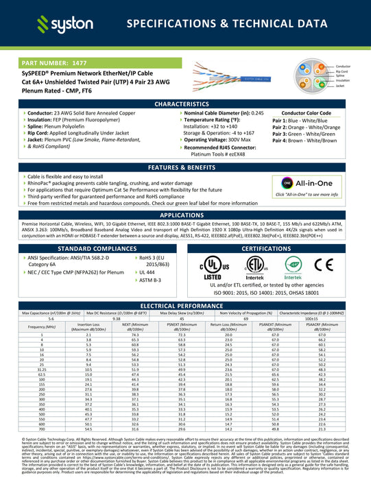 Cat 6A+ Ethernet Bulk Cable, 700MHz, 23/4pr Solid CU, CMP, Indoor/Outdoor