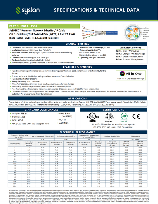 CAT 8 Ethernet Bulk Cable, 2000MHz, 22/4pr Solid CU, CMR, Indoor/Outdoor