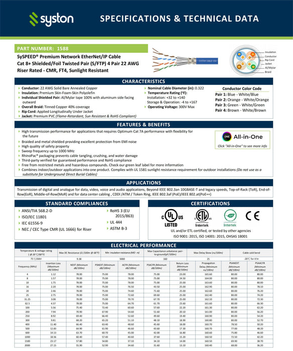 CAT 8 Ethernet Bulk Cable, 2000MHz, 22/4pr Solid CU, CMR, Indoor/Outdoor