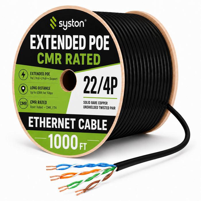 22/4 Extended PoE+ Cable, Remote IP Cable, Solid Bare Copper, CMR, Unshielded Twisted Pair, Indoor/Outdoor
