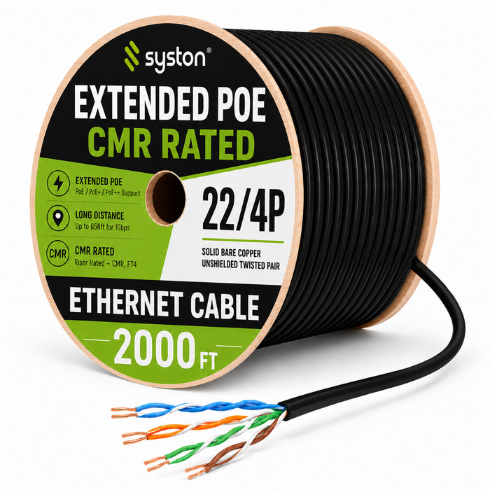 22/4 Extended PoE+ Cable, Remote IP Cable, Solid Bare Copper, CMR, Unshielded Twisted Pair, Indoor/Outdoor