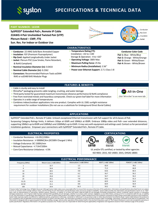 22/4 Extended PoE+ Cable, Remote IP Cable, Solid Bare Copper, CMP, Unshielded Twisted Pair, Indoor/Outdoor