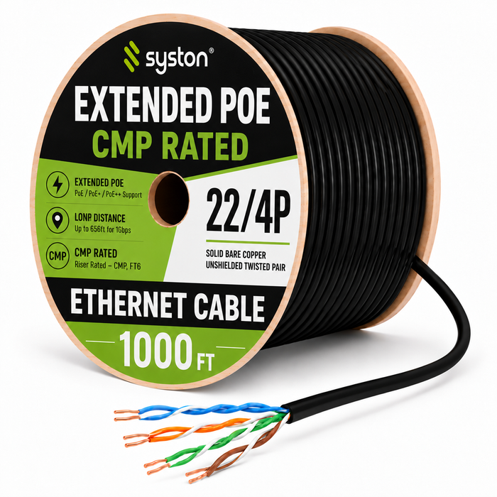 22/4 Extended PoE+ Cable, Remote IP Cable, Solid Bare Copper, CMP, Unshielded Twisted Pair, Indoor/Outdoor