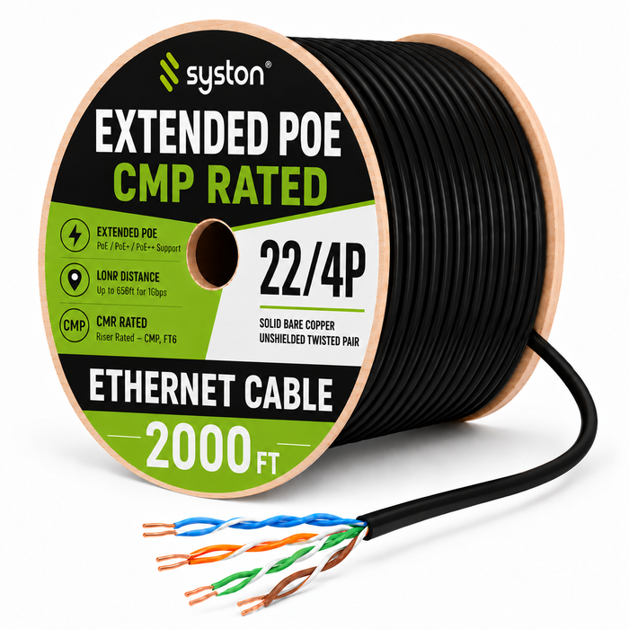 22/4 Extended PoE+ Cable, Remote IP Cable, Solid Bare Copper, CMP, Unshielded Twisted Pair, Indoor/Outdoor