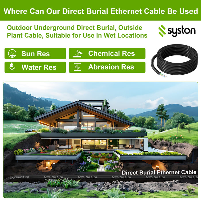 CAT 6E Ethernet Bulk Cable, Direct Burial, 600 MHz, 23/4pr Solid CU, Outdoor