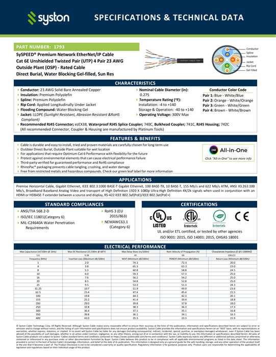 CAT 6E Ethernet Bulk Cable, Direct Burial, 600 MHz, 23/4pr Solid CU, Outdoor