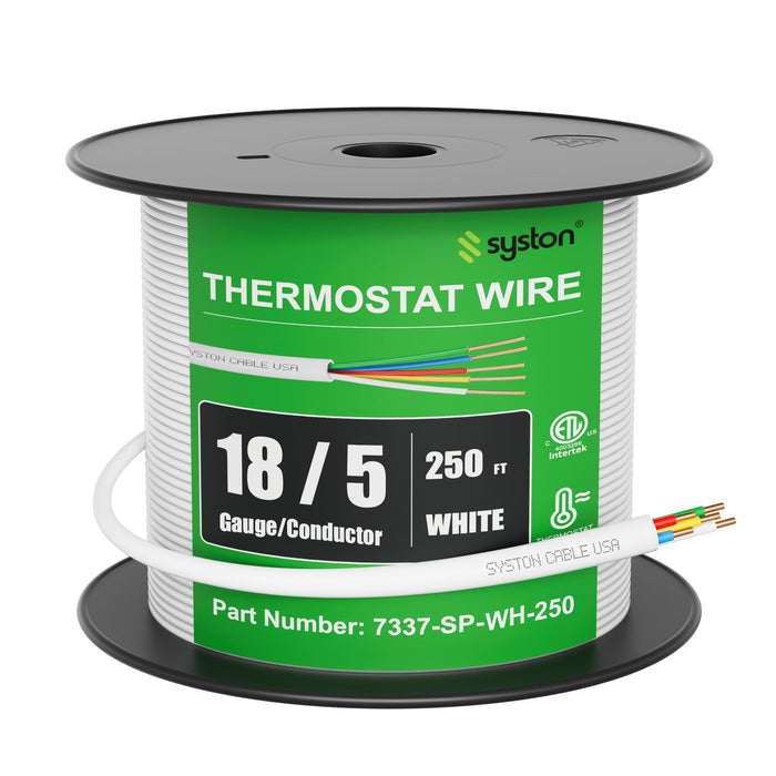 18/5 Thermostat Wire, Solid Copper, White, CL3R, Sun Res, Indoor/Outdoor