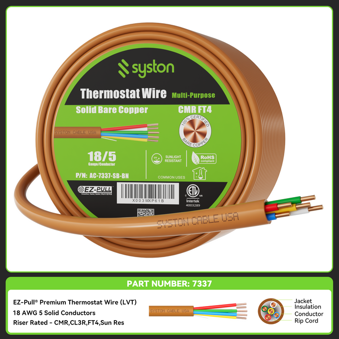 18/5 Thermostat Wire, Solid Copper, Brown, CL3R, Sun Res, Indoor/Outdoor