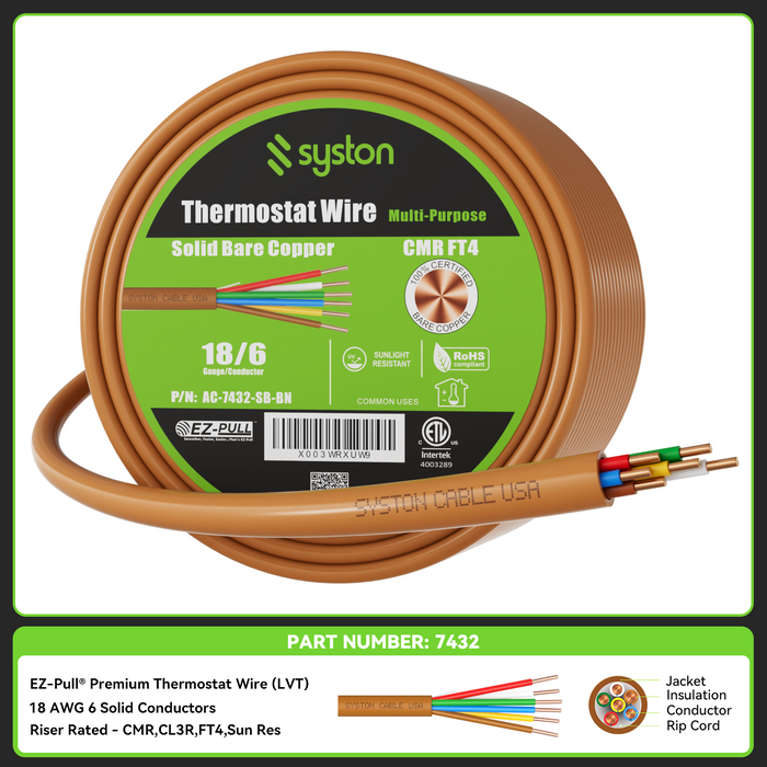 18/6 Thermostat Wire, Solid Copper, Brown, CL3R, Sun Res, Indoor/Outdoor