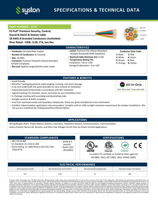 18/8 Security Wire,Burglar Alarm Cable,CL3R,Unshielded,Stranded Copper,UV Res