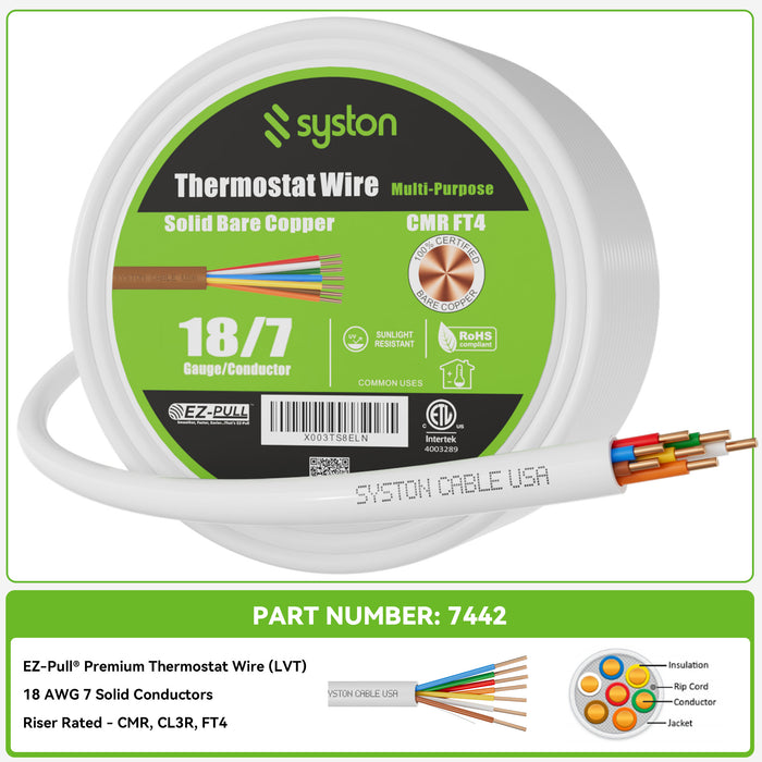 18/7 Thermostat Wire,HVAC, Control Cable,Solid Copper, White, CL3R, Sun Res, Indoor/Outdoor