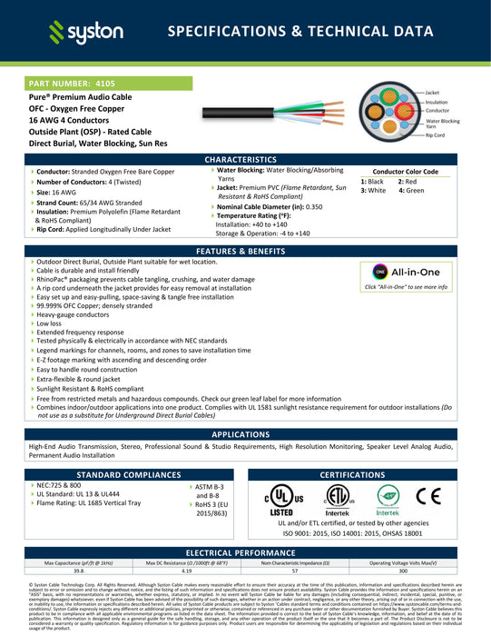 16/4 Speaker Wire Audio Cable In-Wall Outdoor Direct Burial  OFC Sun Res