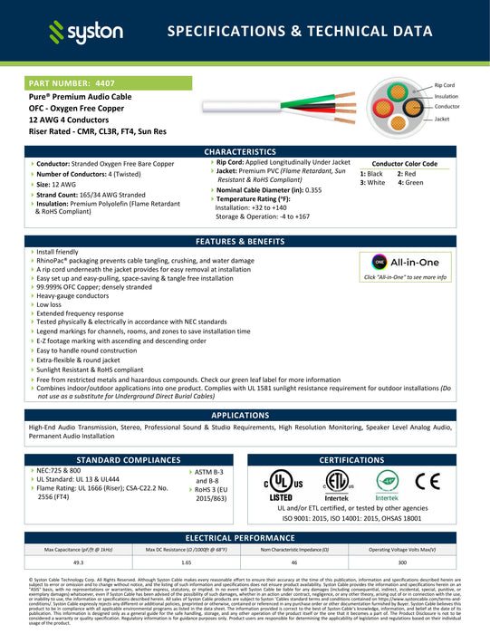 12/4 Audio Cable,Stranded Copper,CL3R,Indoor/Outdoor,UV Res