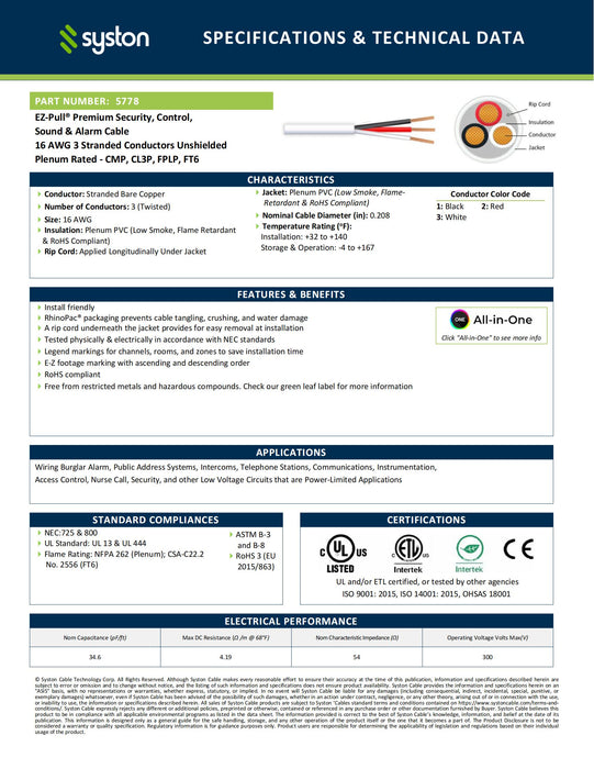 16/3 Security Wire,Burglar Alarm Cable,CL3P,Unshielded,Stranded Copper,UV Res
