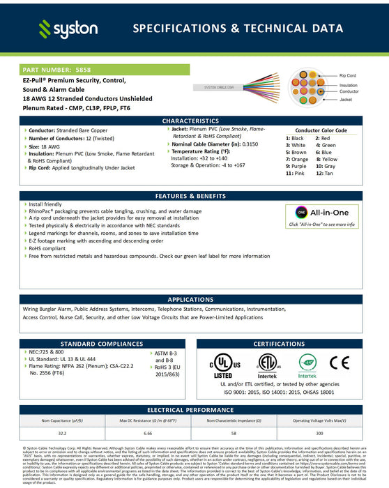 18/12 Security Wire,Burglar Alarm Cable,CL3P,Unshielded,Stranded Copper,UV Res