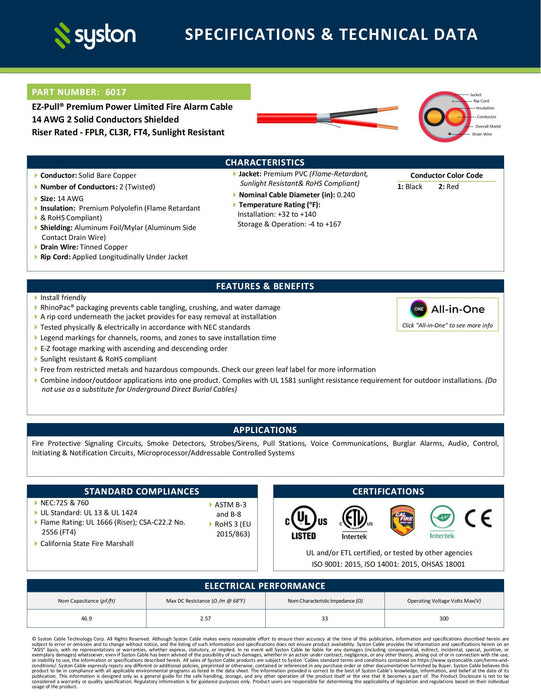 14/2 Fire Alarm Cable, Solid Copper, Red, Shielded, FPLR, Indoor/Outdoor