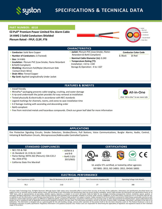 14/2 Fire Alarm Cable, Solid Copper, Red, Shielded, FPLP, Indoor/Outdoor