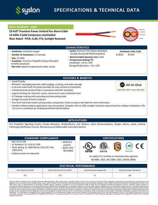 14/2 Fire Alarm Cable, Solid Copper, Red, Unshielded, FPLR, Indoor/Outdoor