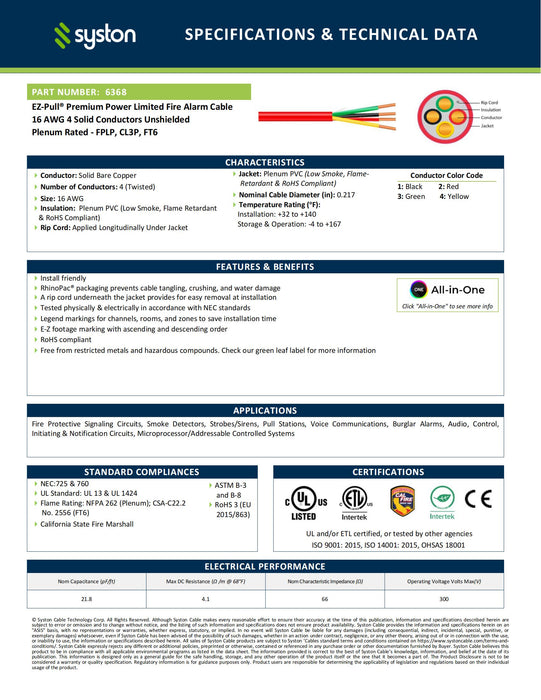 16/4 Fire Alarm Cable, Solid Copper, Red,Unshielded, FPLP, Indoor/Outdoor