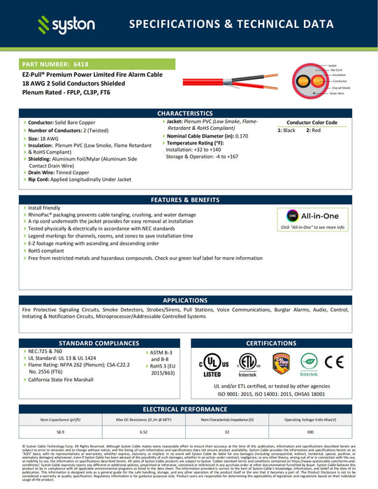 18/2 Fire Alarm Cable, Solid Copper, Red, Shielded, FPLP, Indoor/Outdoor