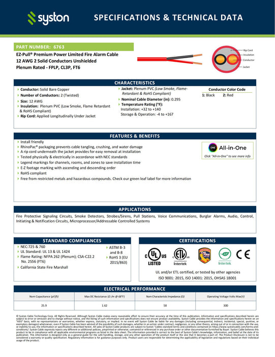 12/2 Fire Alarm Cable, Solid Copper, Red, Unshielded, FPLP, Indoor/Outdoor