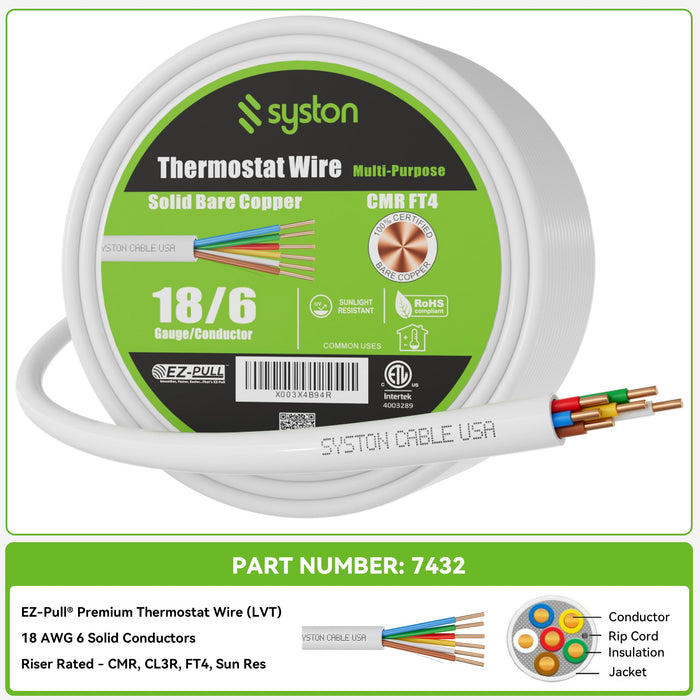 18/6 Thermostat Wire, Solid Copper, White, CL3R, Sun Res, Indoor/Outdoor