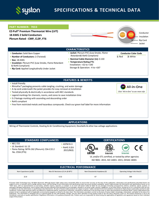 Pre-order 18/2 Thermostat Doorbell Wire, Solid Copper, White, CL3P, Sun Res, Indoor/Outdoor