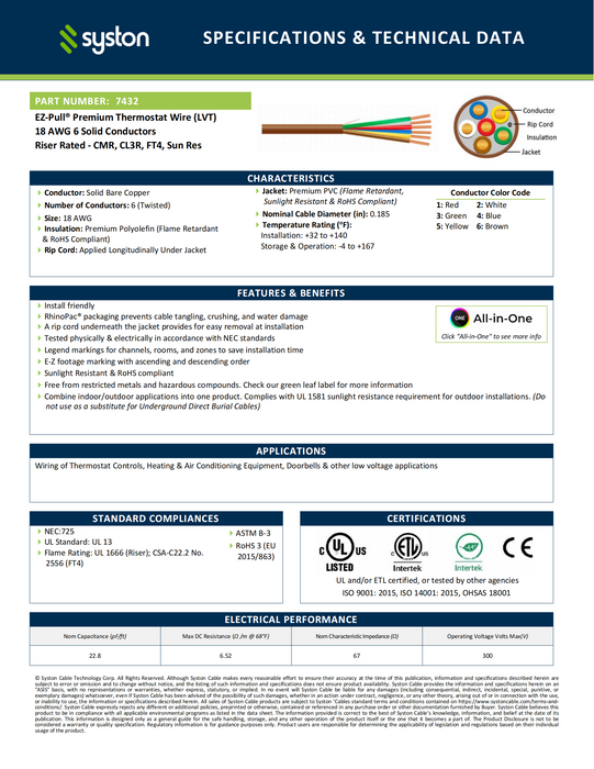 18/6 Thermostat Wire, Solid Copper, White, CL3R, Sun Res, Indoor/Outdoor