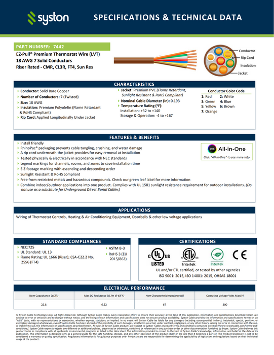 18/7 Thermostat Wire,HVAC, Control Cable,Solid Copper, White, CL3R, Sun Res, Indoor/Outdoor