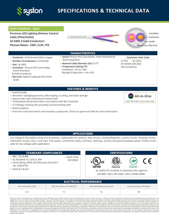 16/2 0-10V LED Dimming Cable for Low Voltage Ballast Wiring and Connection,Solid Bare Copper,Unshielded,CL3P