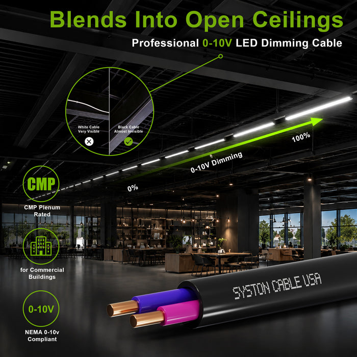 16/2 0-10V LED Dimming Cable for Low Voltage Ballast Wiring and Connection,Solid Bare Copper,Unshielded,CL3P,Black