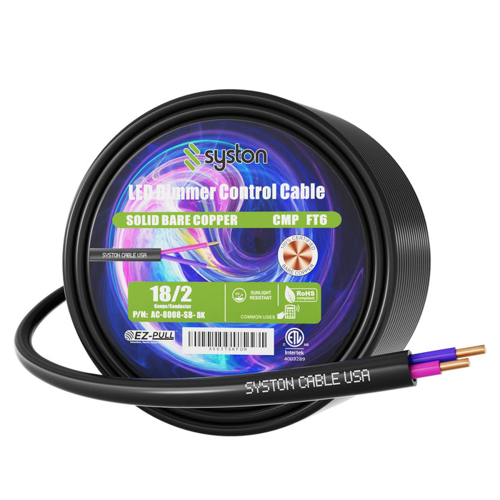 18/2 0-10V LED Dimming Cable for Low Voltage Ballast Wiring and Connection,Solid Bare Copper,Unshielded,CL3P,Black